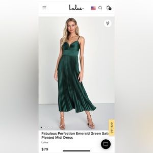 Lulus Fabulous Perfection Emerald Green Satin Pleated Midi Dress